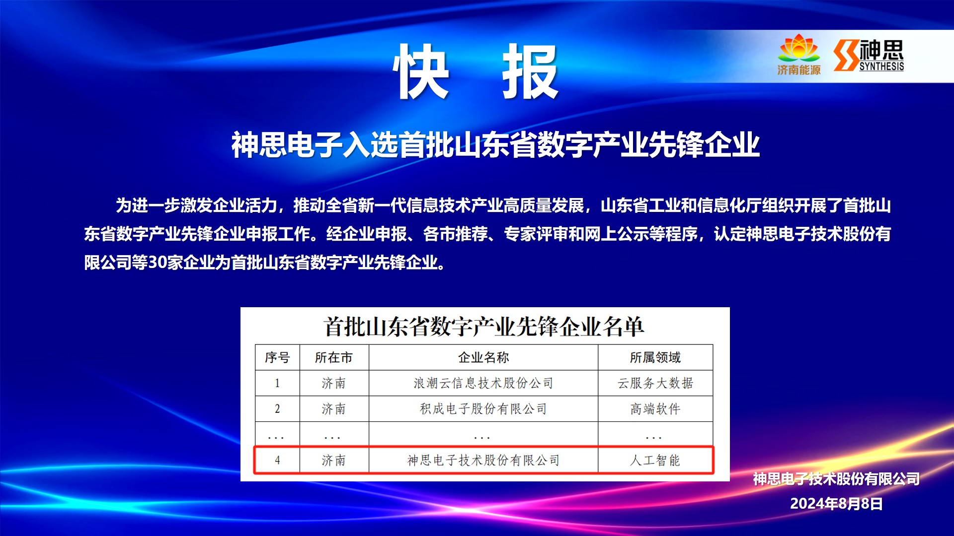 神思電子入選首批山東省數字產業先鋒企業